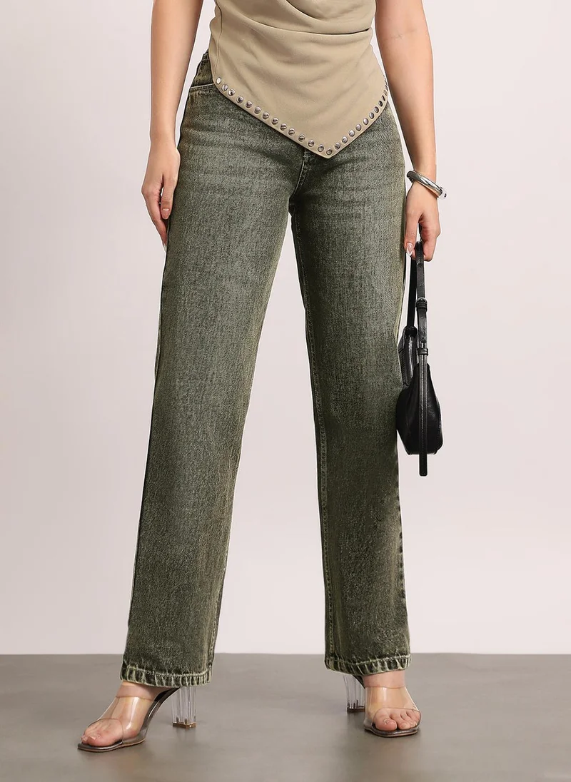أوربانو فاشن Urbano Fashion Women's Light Grey High Rise Straight Fit Washed Jeans Non-Stretchable